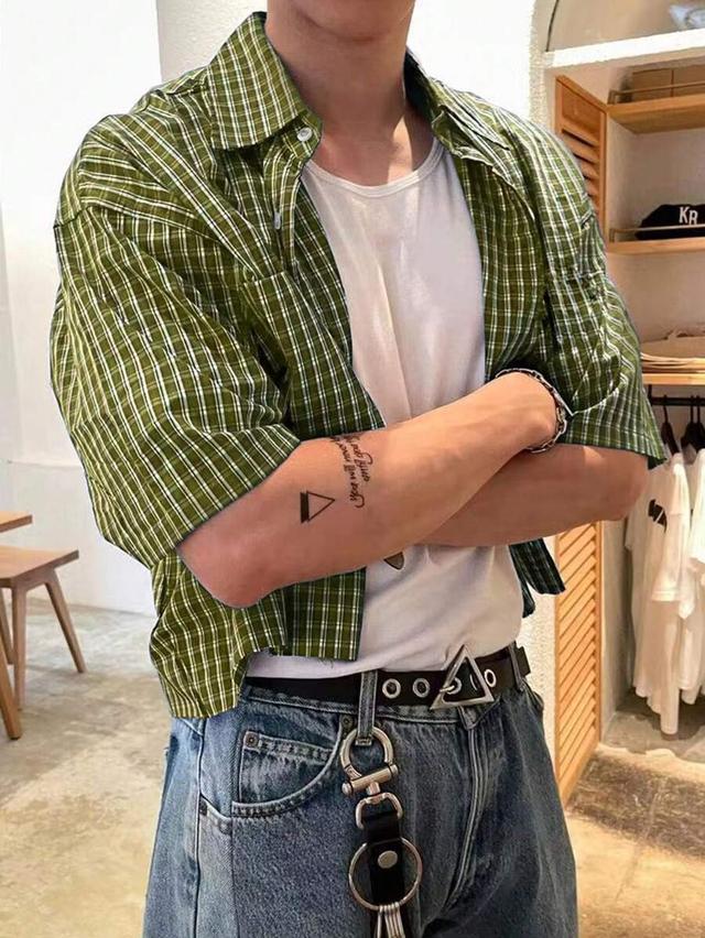 green plaid short sleeve button down casual shirt