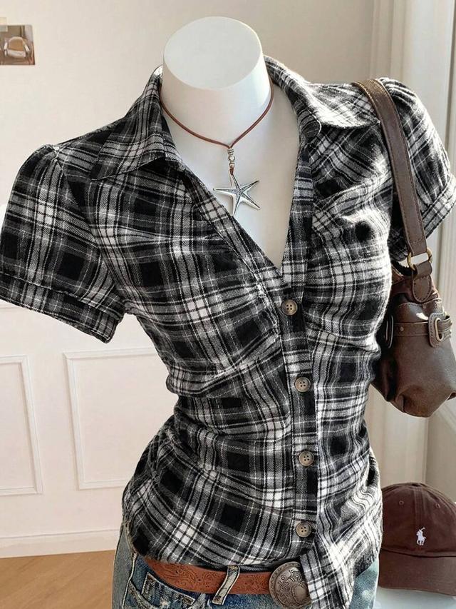 black and white plaid short puff sleeve shirt