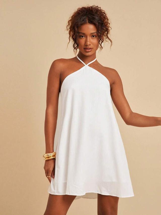 travachic solid plisse halter neck backless dress