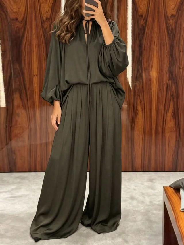 olive green slouchy blouse and wide leg trousers set