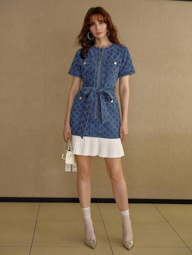 belted pleated denim dress with diamond pattern