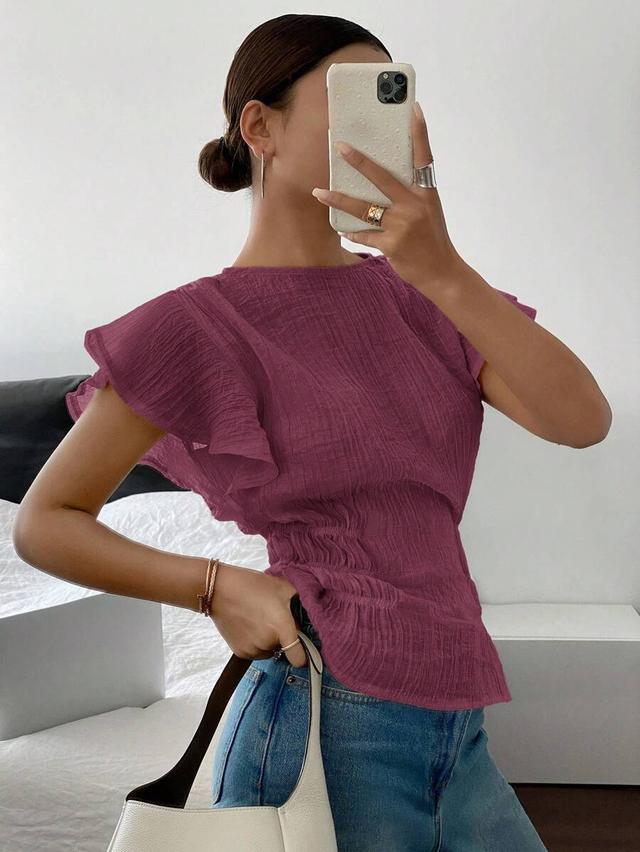 burgundy textured crew neck ruffle sleeve cinched waist blouse