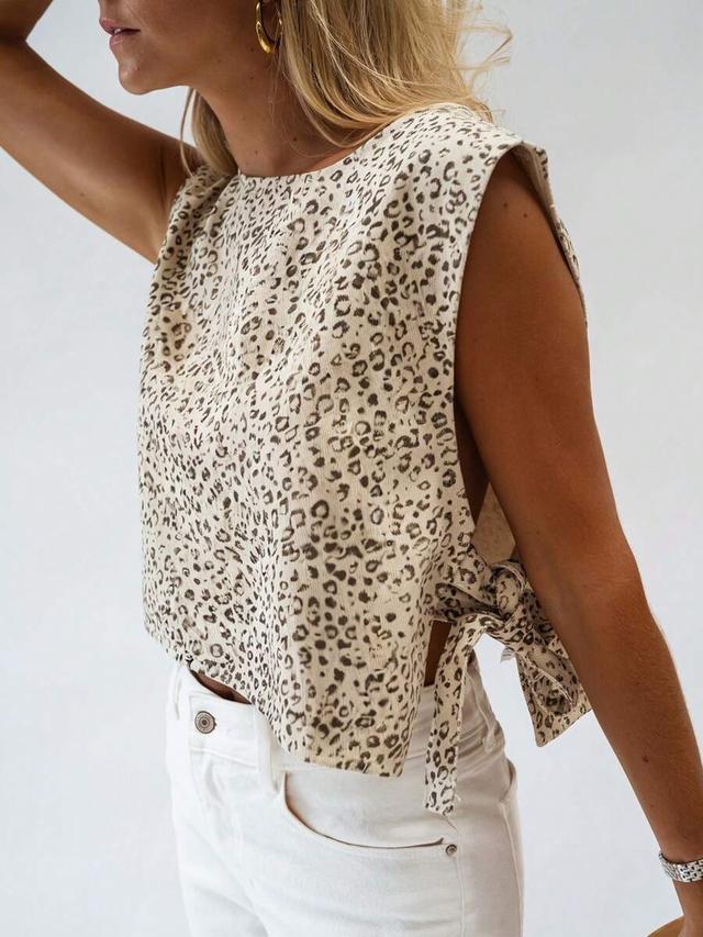 apricot leopard print tie-up sleeveless tank top