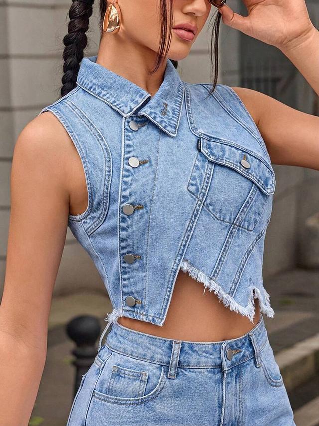asymmetric frayed hem single-breasted denim vest jacket