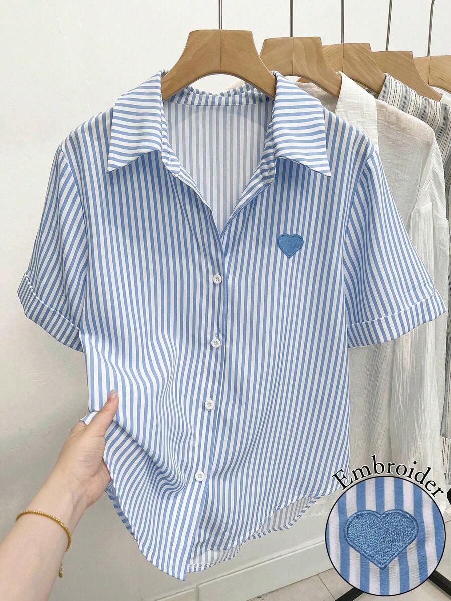 blue stripe resyla women's blue striped heart embroidery casual shirt