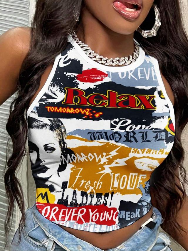 graphic print crew neck tight fit tank top
