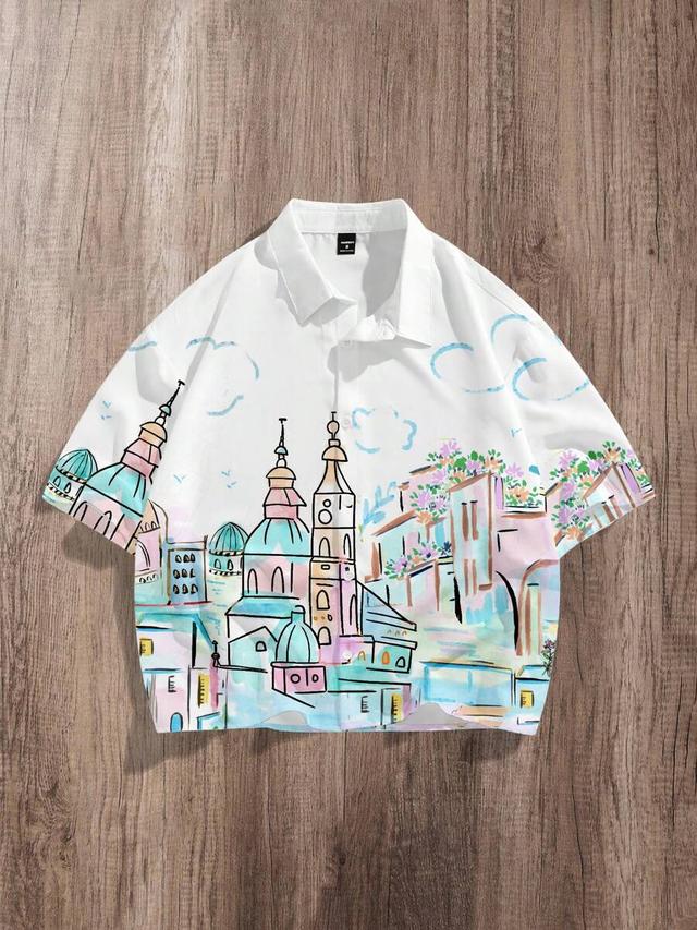 white casual graffiti print loose cropped shirt