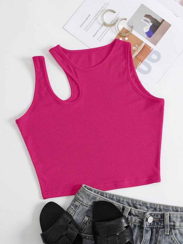 fuchsia ribbed knit cut out shoulder tank top