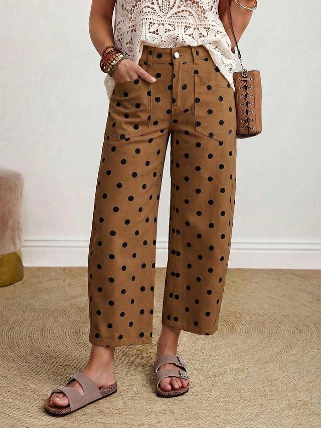 brown polka dot wide leg cotton trousers