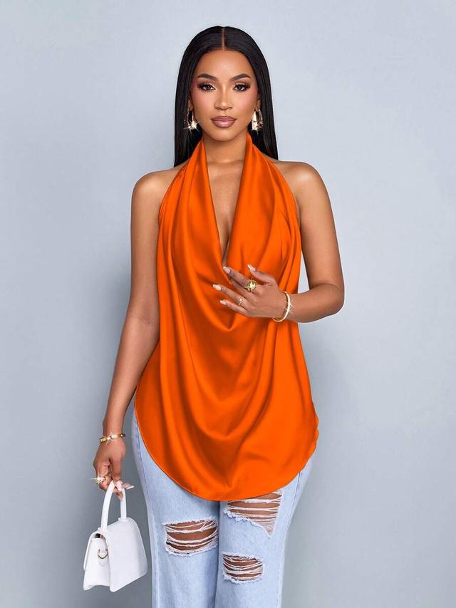 burnt orange glossy halter neck backless swing top