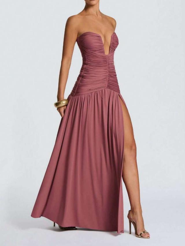 dusty rose ruched strapless evening gown
