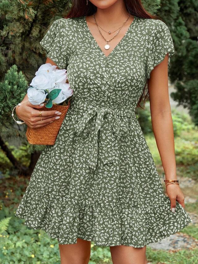 green floral print belted wrap dress