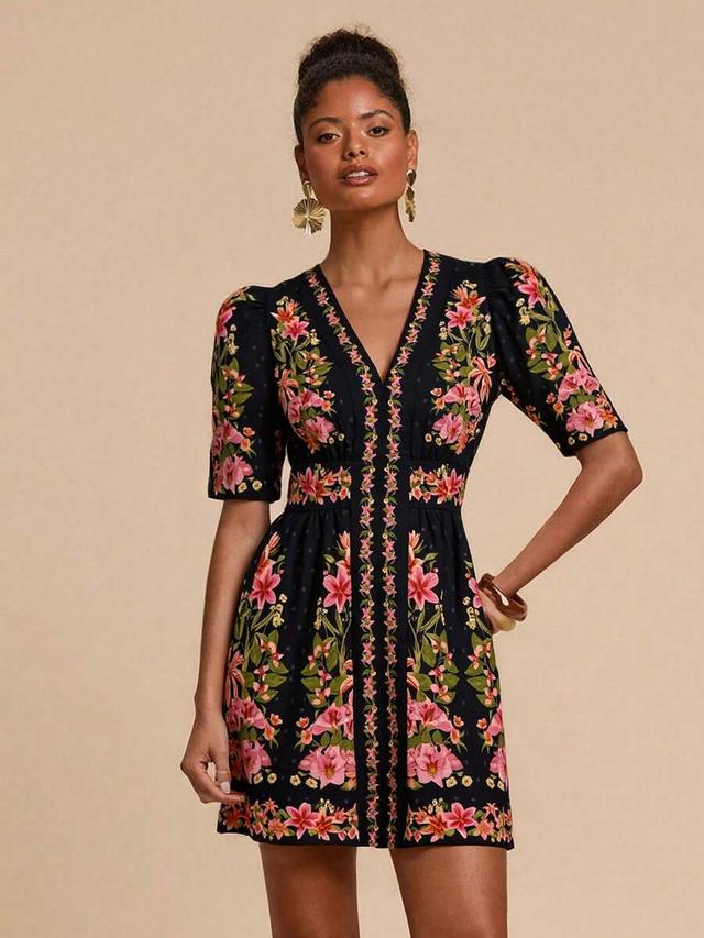 black floral print v-neck puff sleeve mini dress