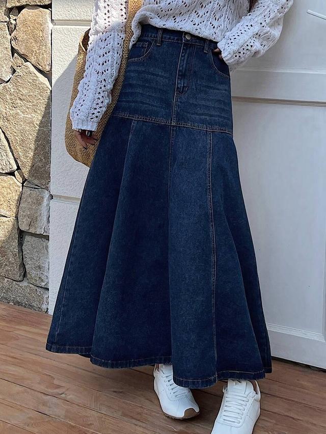 dark wash denim panelled midi skirt