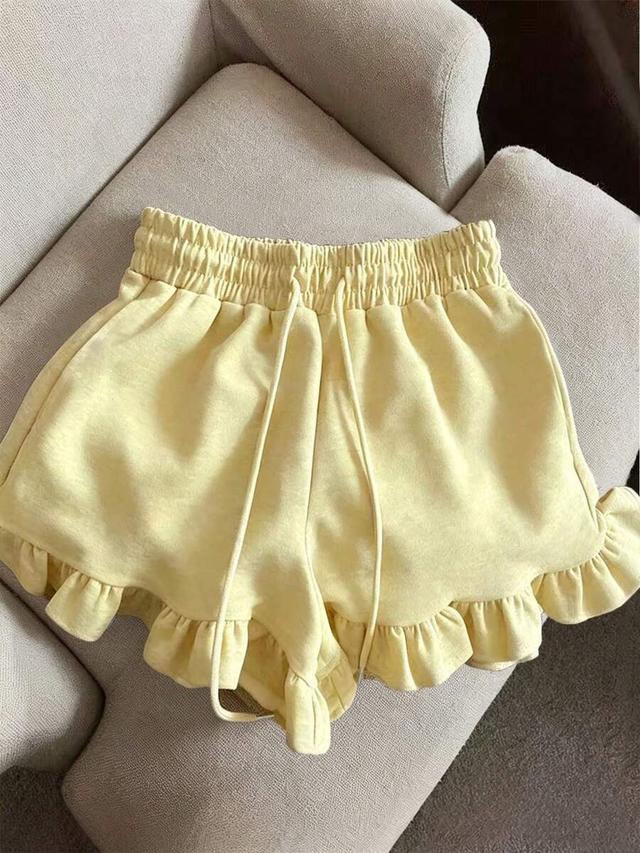 yellow drawstring waist pleated casual shorts