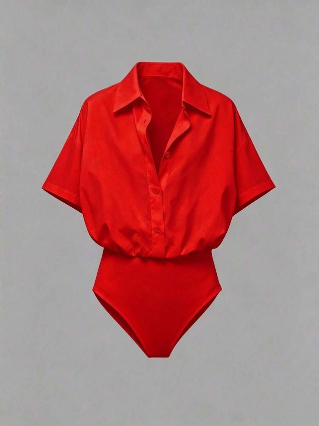red short sleeve button down shirt bodysuit