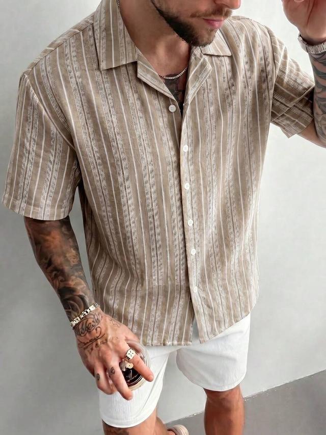 men's slim fit faux linen apricot striped shirt