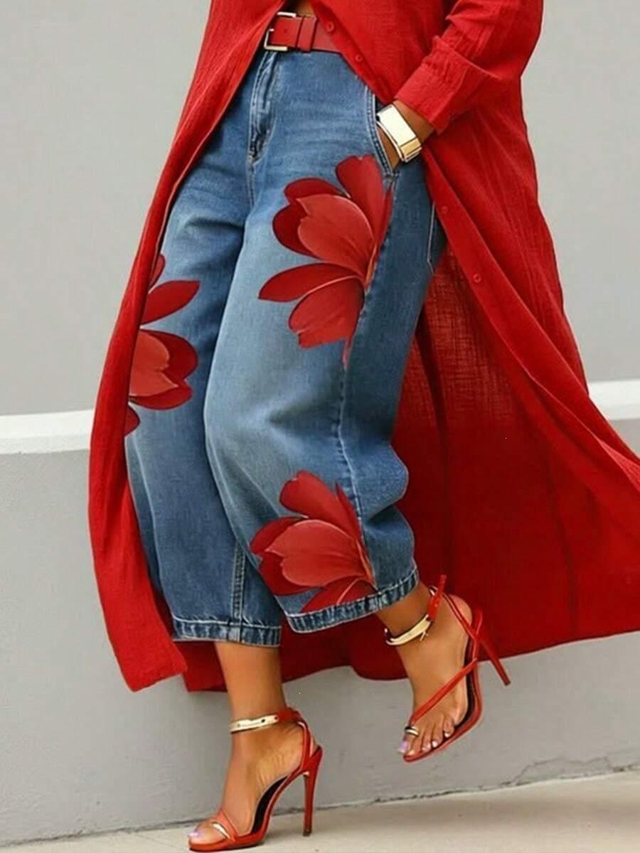 red high waist floral print straight leg cropped denim jeans