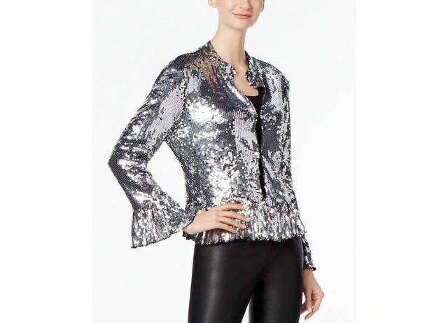 silver sequined jacket with ruffled cuffs