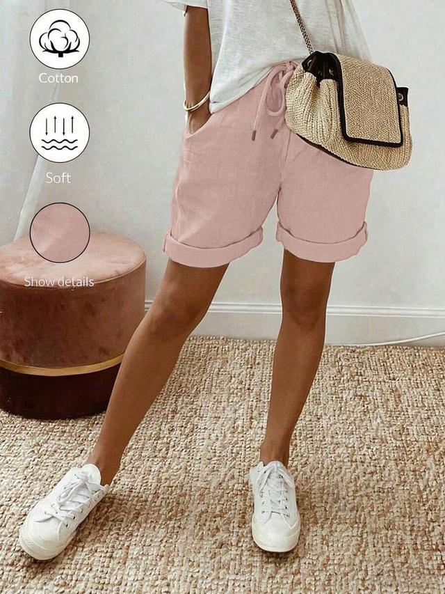 dusty pink linen blend drawstring rolled hem shorts