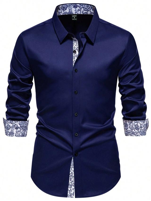 navy blue floral patchwork long sleeve formal shirt