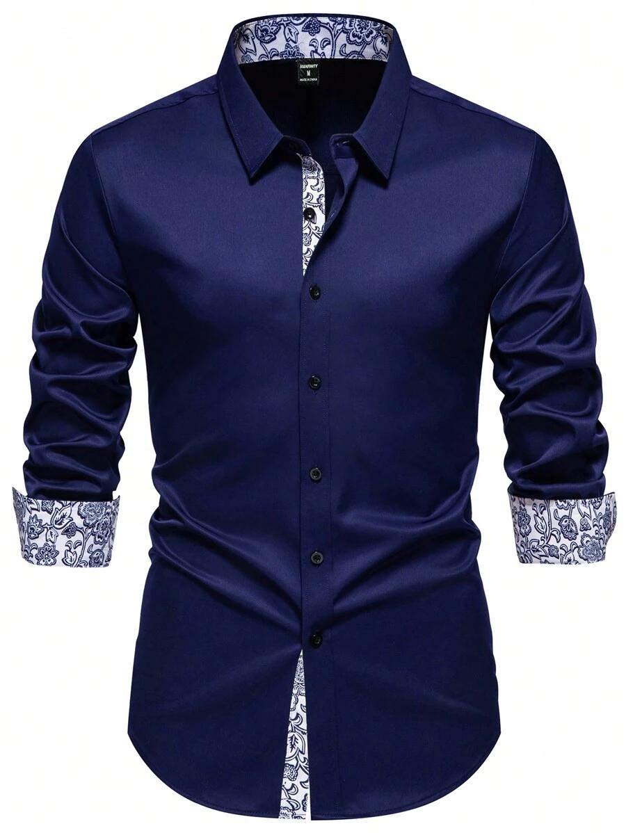 navy blue floral patchwork long sleeve formal shirt