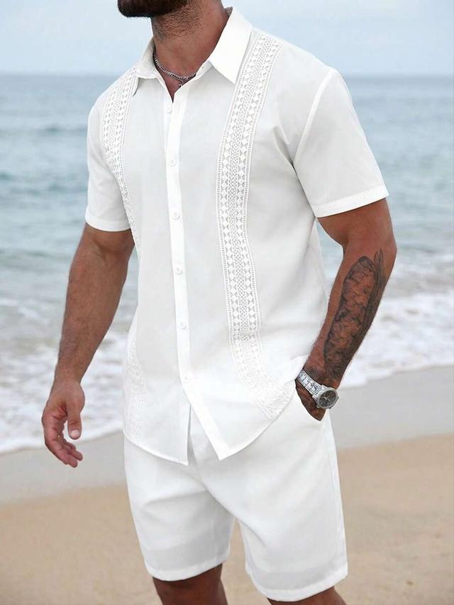 ventusail men's white contrast lace guayabera shirt