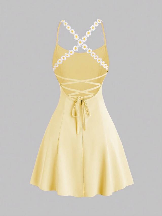 yellow daisy strap open back mini dress