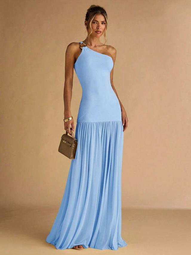 apricot asymmetric shoulder metal buckle bodycon maxi dress