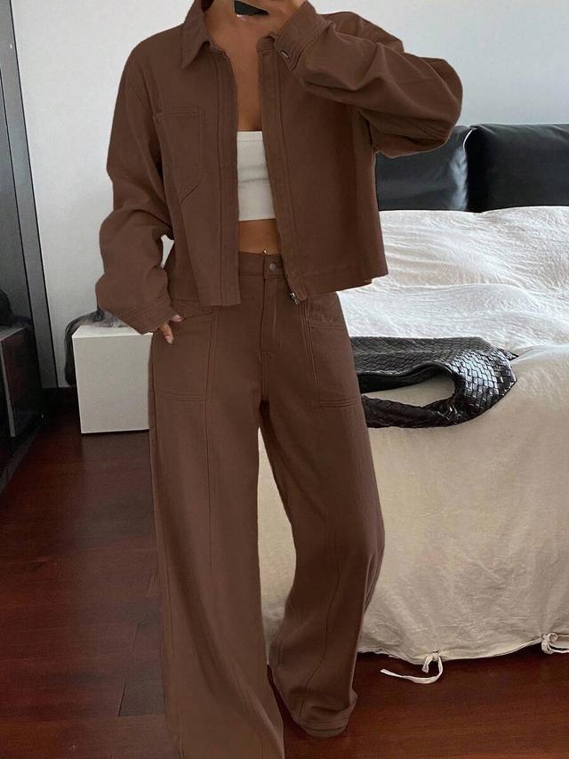 brown collared crop jacket and loose fit jeans set