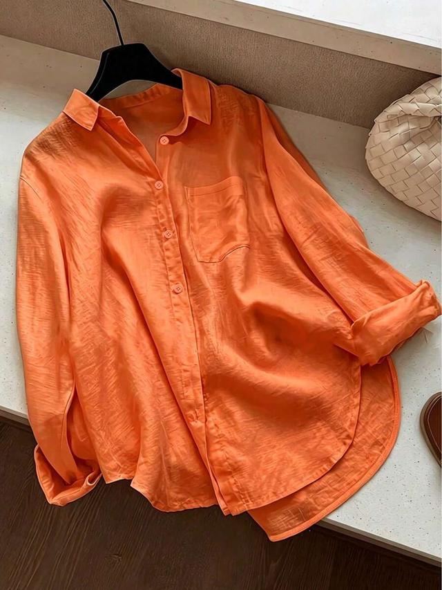women's casual solid color front button curved hem shirt
