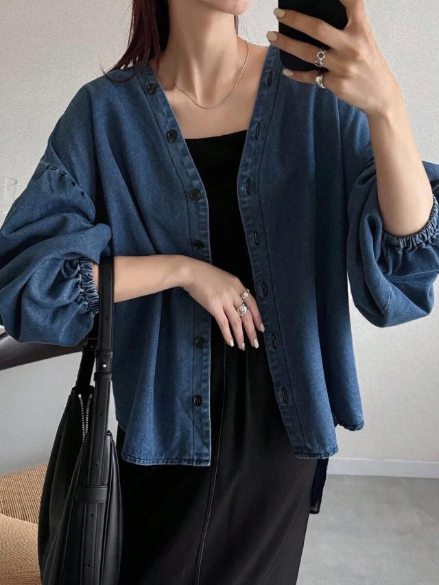 blue denim button-up shirt with gathered sleeves