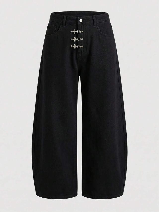 black washed wide leg pants with airplane buckle design