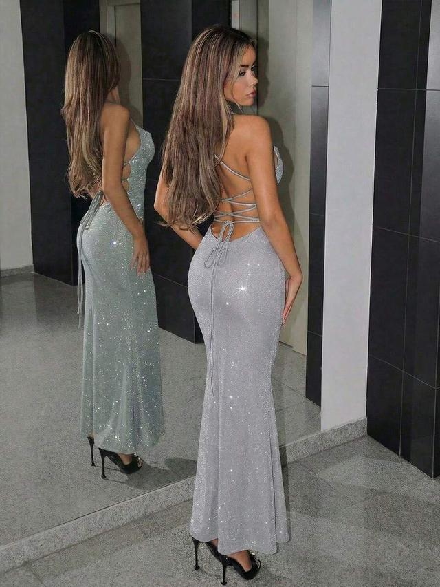 pale green glitter backless spaghetti strap long prom gown