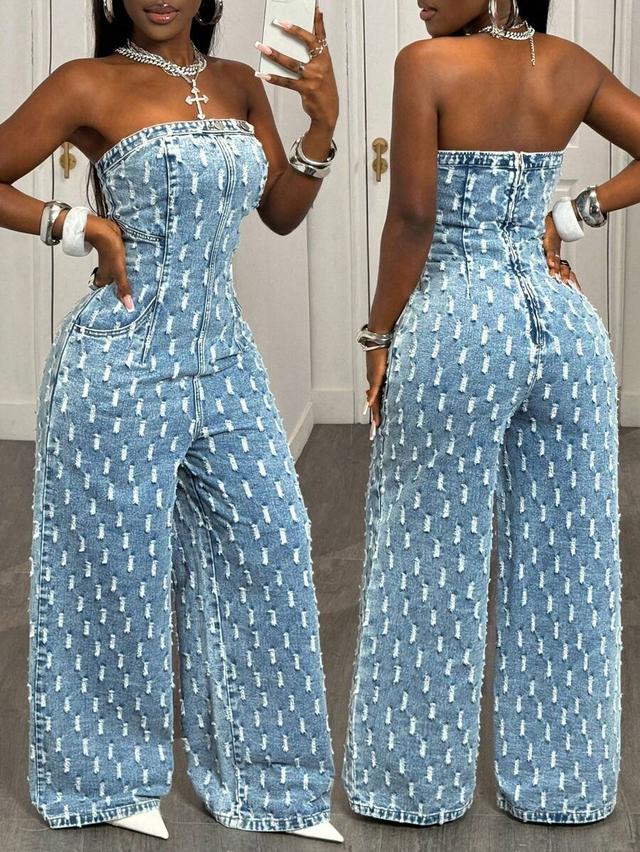 distressed light wash denim strapless jumpsuit
