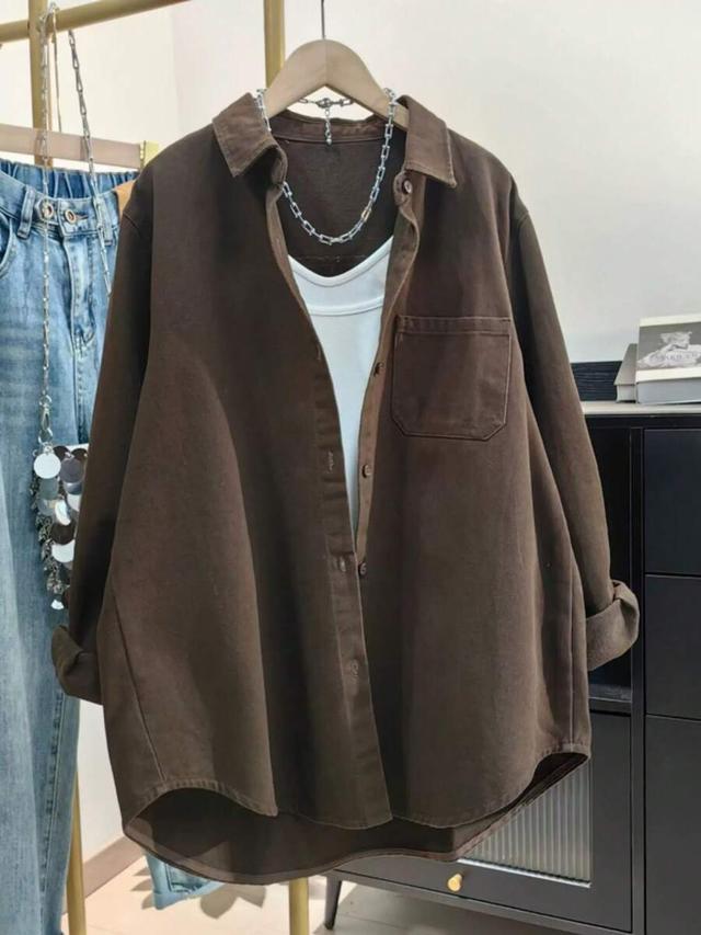 women's solid brown cotton button-down casual shirt