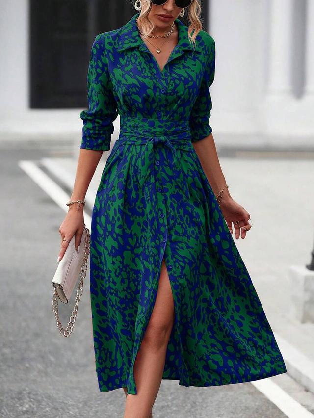 green and blue printed button-front waist-tied shirt dress