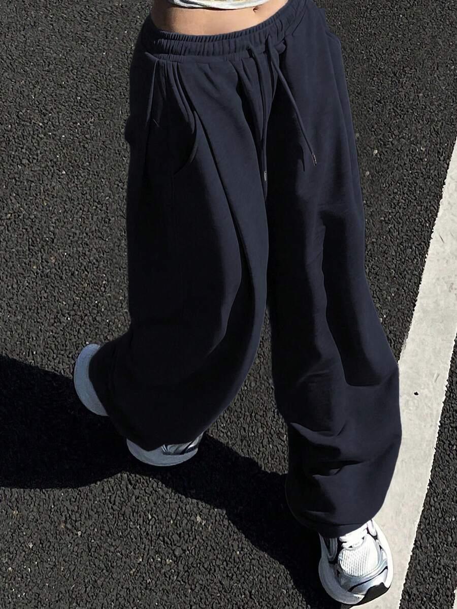 solid color drawstring waist loose straight leg sweatpants