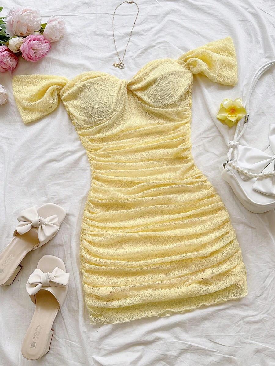 soleia yellow lace off shoulder bodycon mini dress