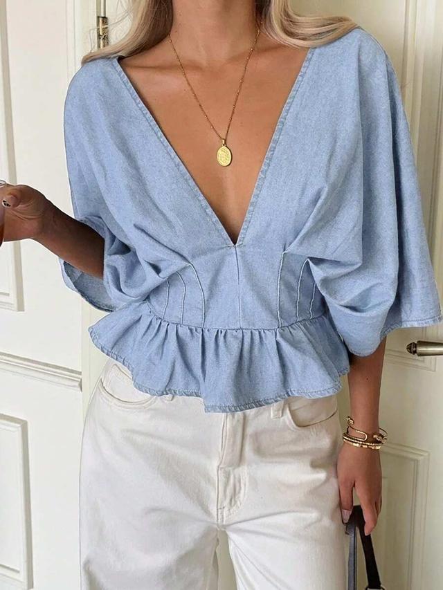 light blue chambray v-neck peplum blouse