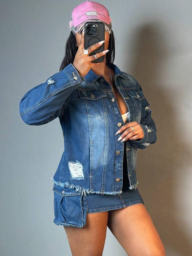 women's slim fit distressed denim jacket with raw hem