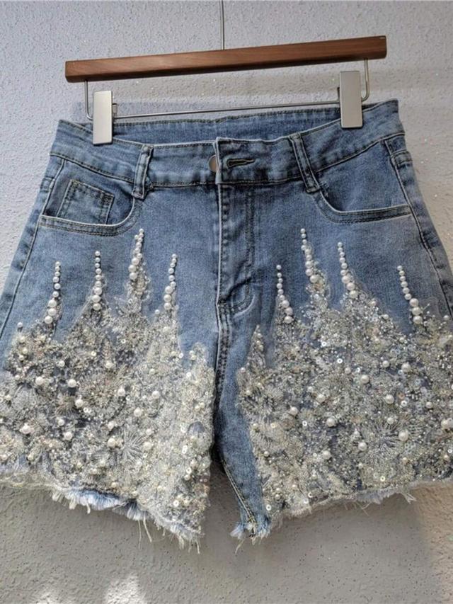 beaded and embroidered denim mini shorts