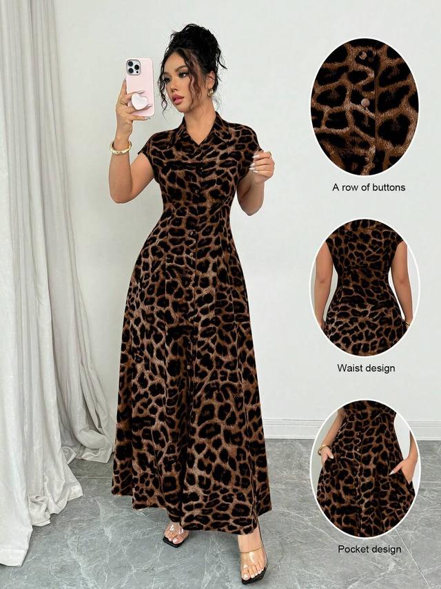 leopard print collared short sleeve button down dress