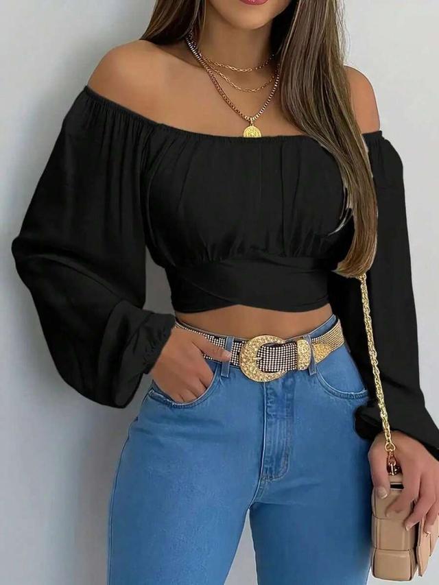 solid black off-shoulder long sleeve crop top
