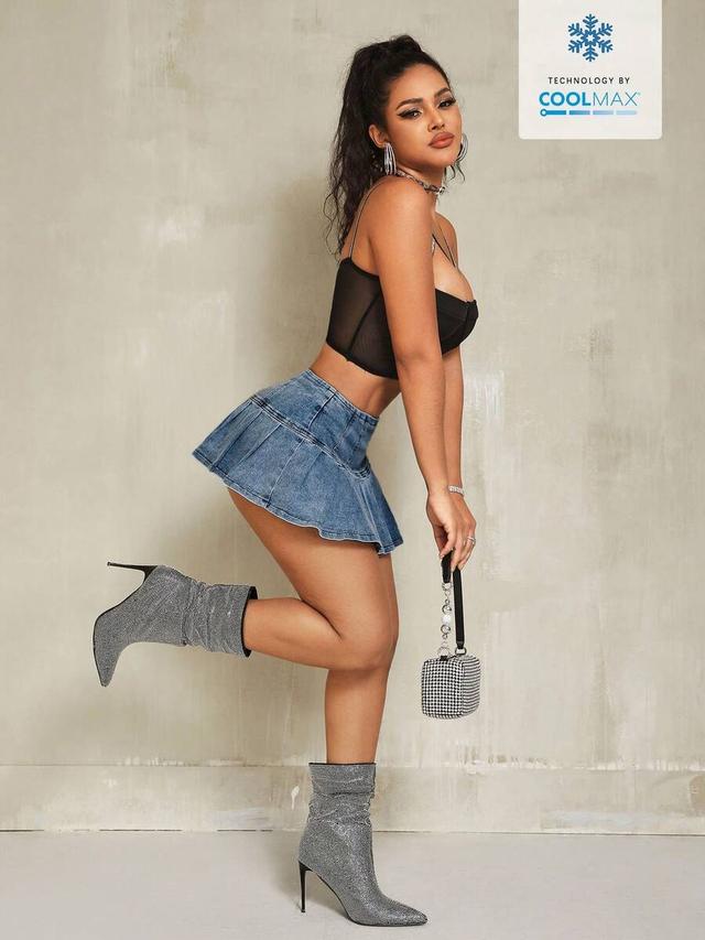 solid color pleated casual denim mini skirt
