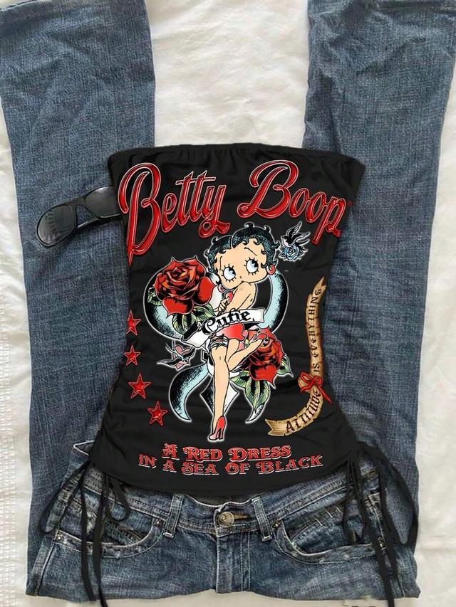 black graphic betty boop graphic print ruched crop top