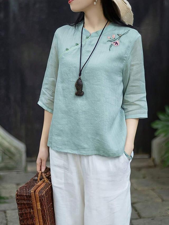 summer chinese style blue embroidered mandarin collar shirt
