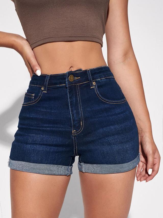 dark wash denim cuffed high-waisted shorts