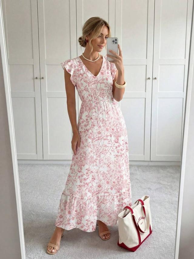 pink floral print flutter sleeve maxi dress
