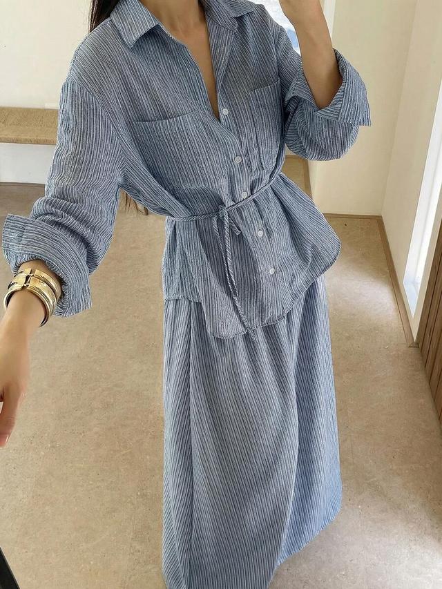 casual blue striped tie-waist shirt and skirt set